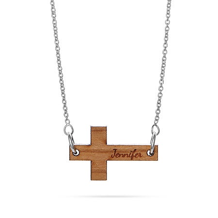 wood sideways necklace cross name engravable