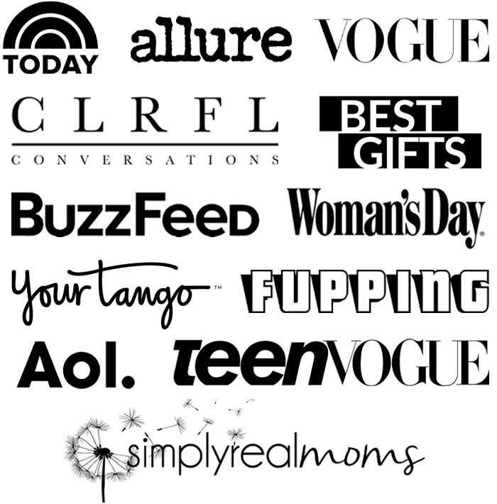 Press Icons: Today, Allure, Vogue, Buzzfeed TeenVogue, Woman's Day, AOL, CLRFL Conversations, Best Gifts, YourTango, Fupping, Simply Real Moms