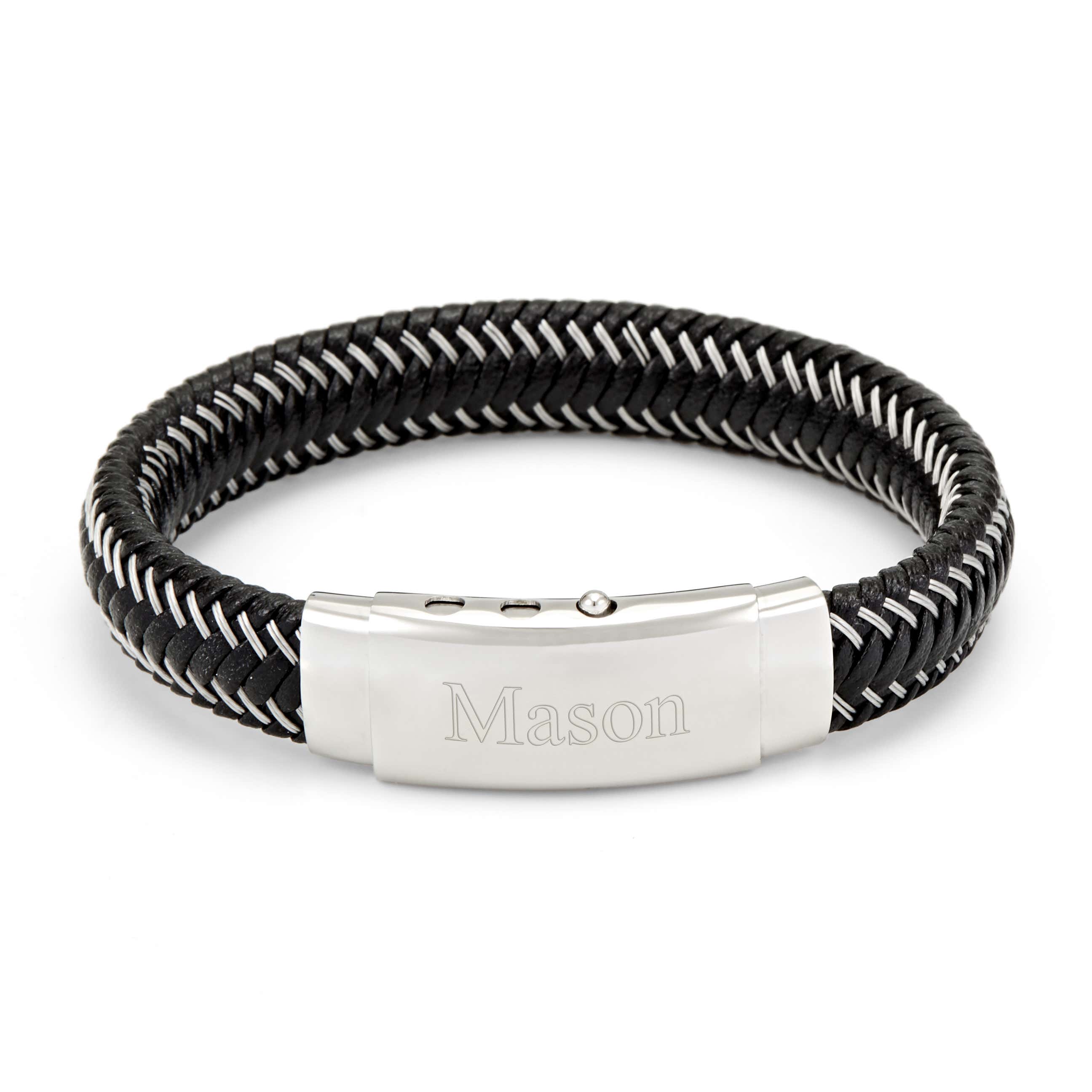 Silver And Black Engravable Mens Leather Wire Braid Bracelet | Eve's ...