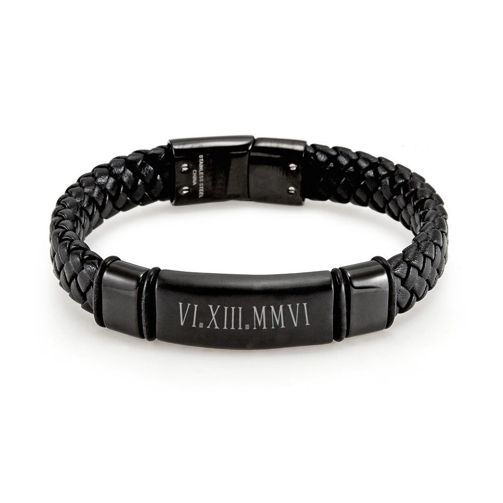 Men's Chisel Custom Roman Numeral Matte Black Leather Bracelet