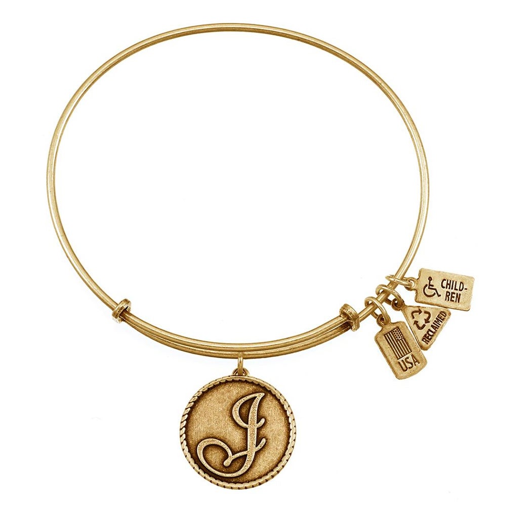 J Initial Charm 7 5 Gold Bangle Bracelet With Expandable Design Wind And Fire Letter J Initial Charm Gold Bangle Bracelet