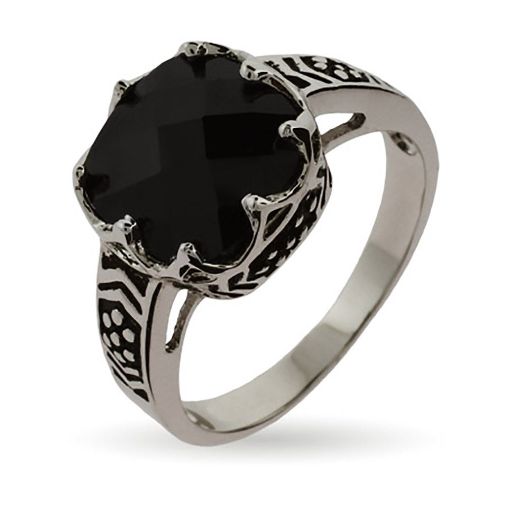 Crown Set Onyx CZ Ring with Black Inlay Design