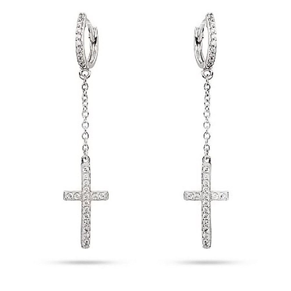 Sterling Silver Dangle CZ Cross Earrings