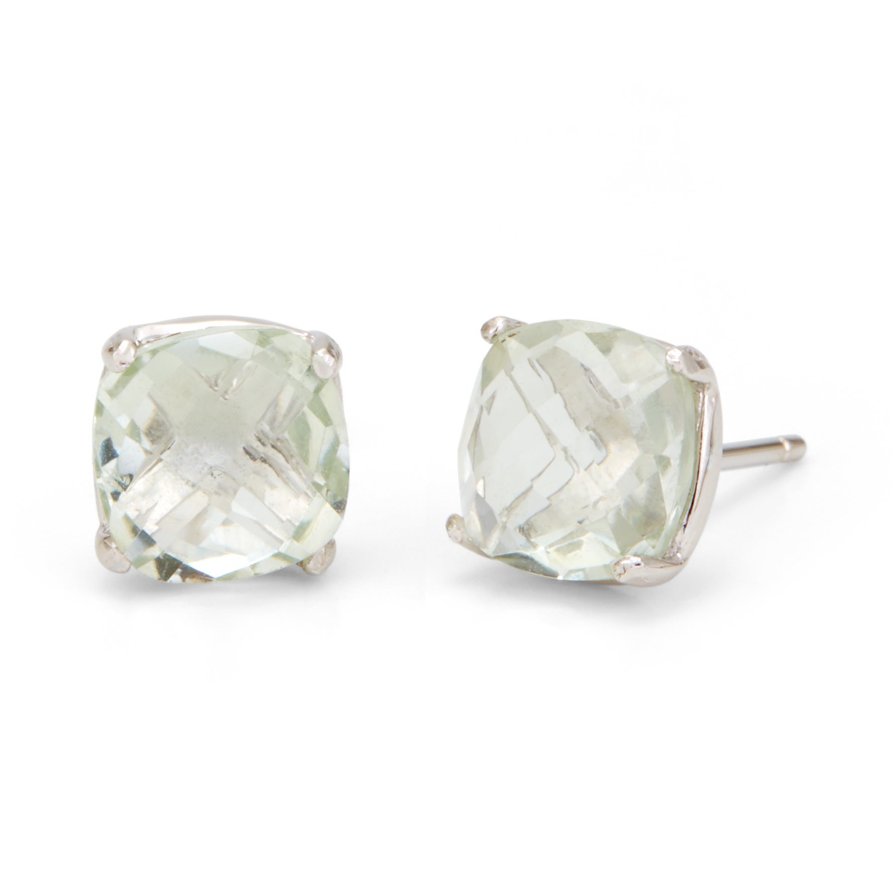 Fine Amethyst Stud Earrings In Real Sterling Silver Setting Green Amethyst Cushion Cut Gemstone Silver Earrings