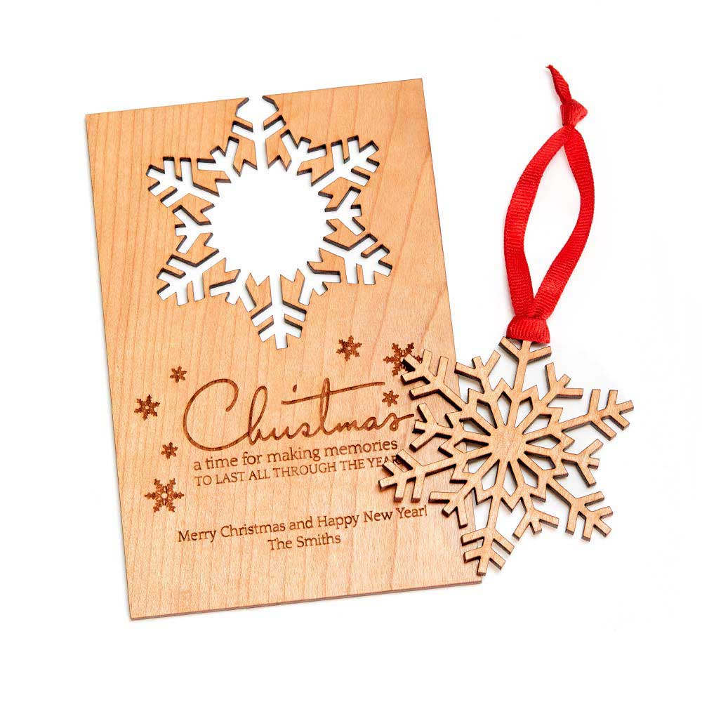 Personalized Wooden Christmas Card with Detachable Snowflake Ornament
