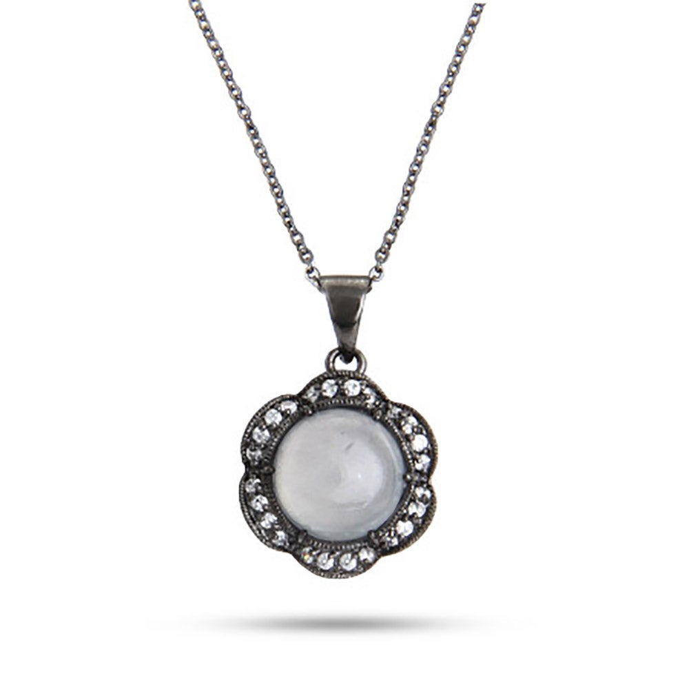 Oxidized Silver and CZ Moonstone Flower Necklace