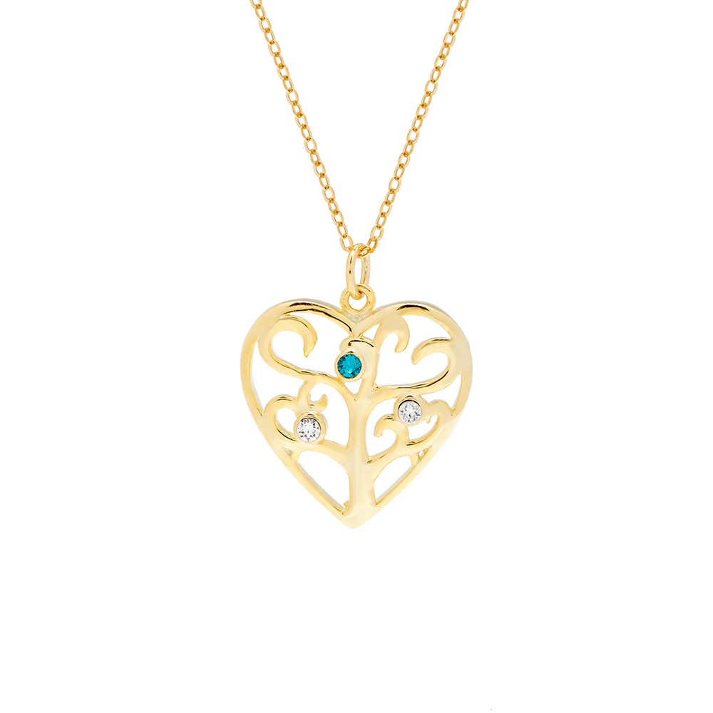 Custom 3 Birthstone Heart Family Tree Gold Necklace