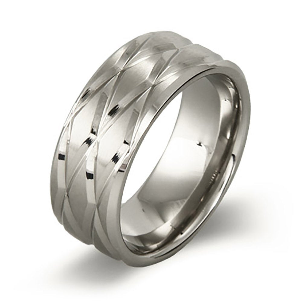 Men's Stainless Steel Cross Cut Beveled Ring