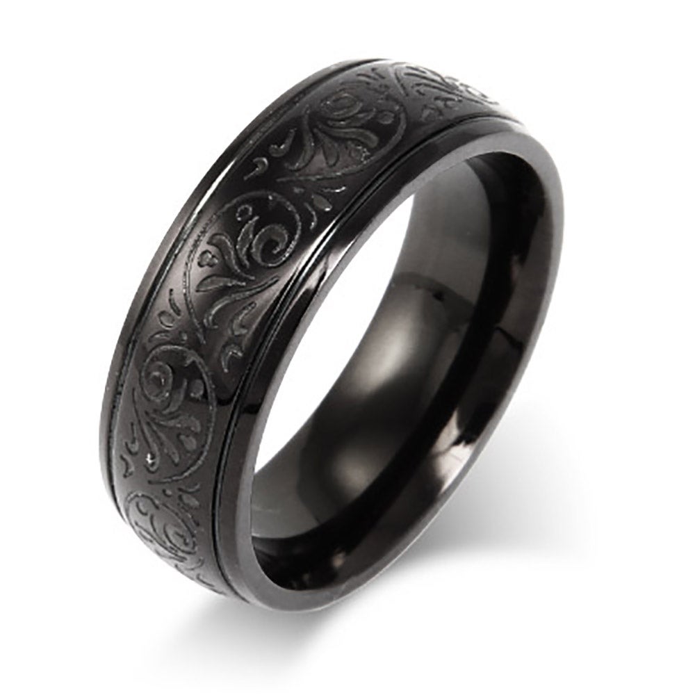Men's Black Stainless Steel Carved Design Ring