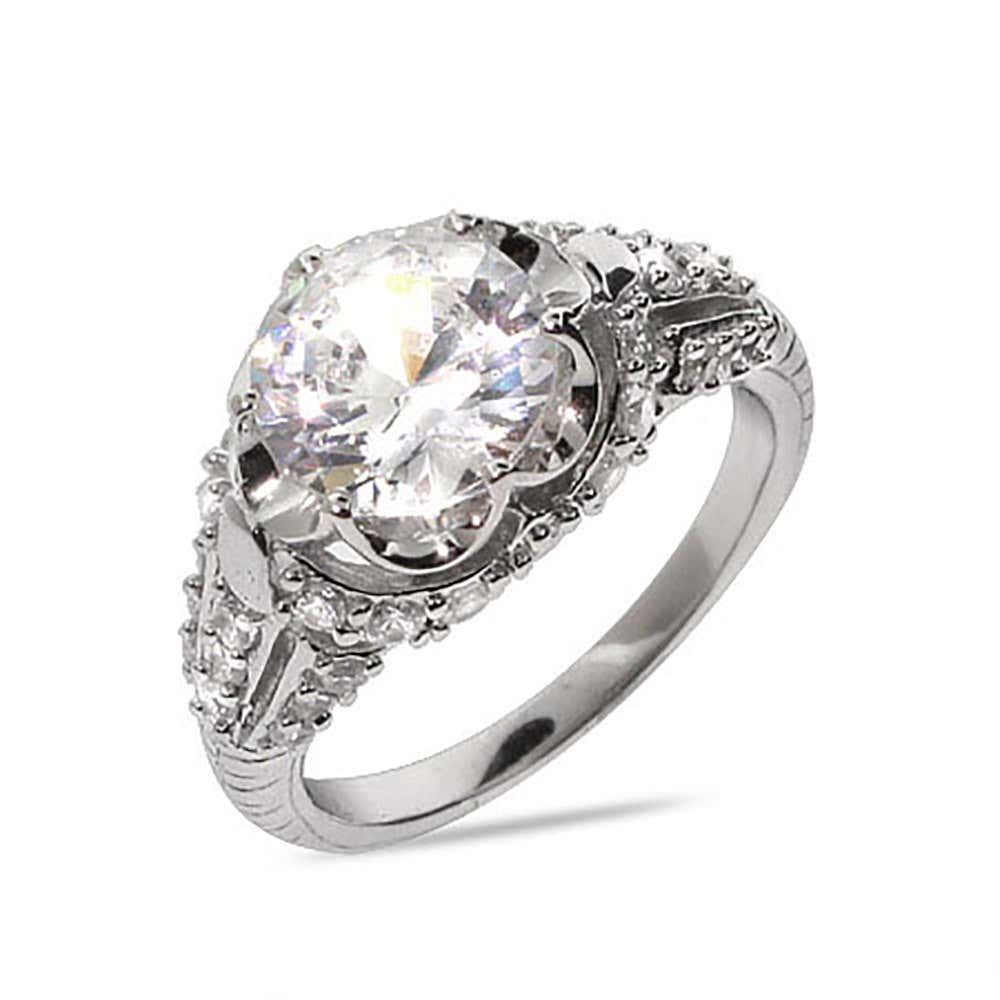Brilliant Cut CZ Silver Engagement Ring with Bead Detailing