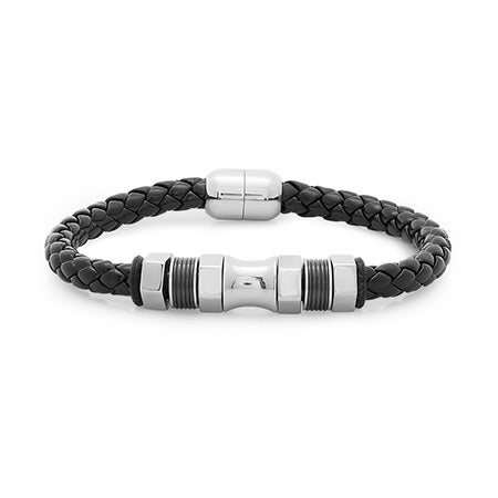 Nitro Stainless Steel Black Braided Leather Men's Bracelet | Eve's ...