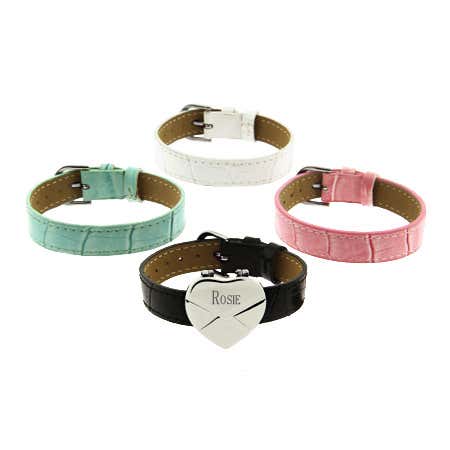 Where can you buy personalized leather bracelets and engravable heart bracelet sets