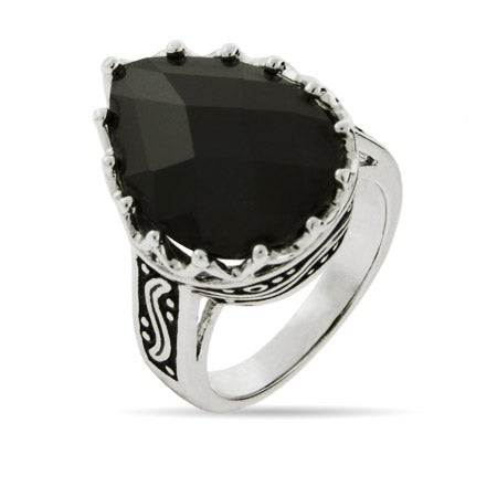 Pear Drop Faceted Onyx Ring with Bali Design
