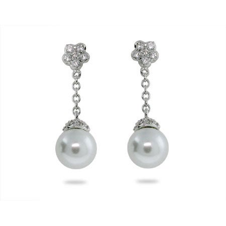 Sterling Silver Pave White Pearl Drop Earrings | Eve's Addiction®