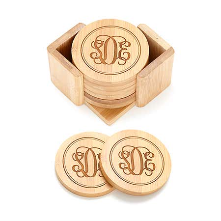 Fancy Script Monogram Engraved Bamboo Round Coaster Set