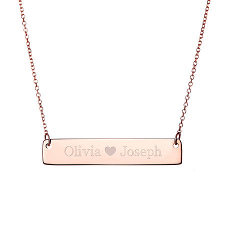 Couple's Rose Gold Name Bar Necklace with Heart