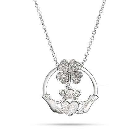 Lucky Clover CZ Claddagh Pendant