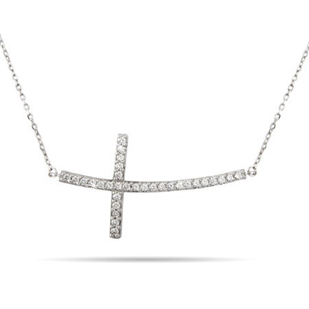 Large Curved CZ Sideways Cross Necklace