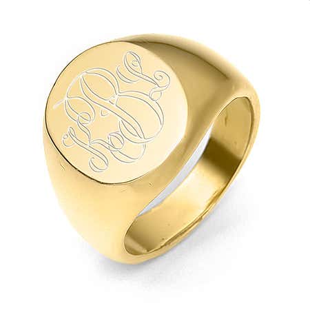 Gold engravable signet ring with description and history of signet rings