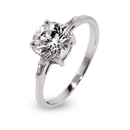 Round CZ Engagement Ring with Trapezoid Side CZs