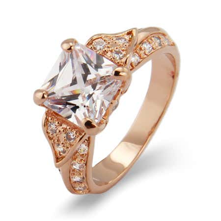 Deco Style Rose Gold Princess Cut CZ Engagement Ring