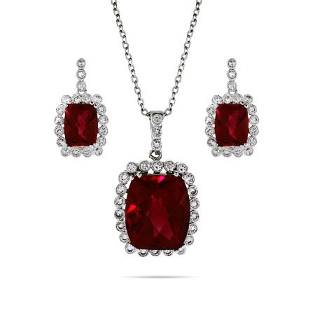 Ruby Necklace and Earring Set with Vintage Bezel CZs